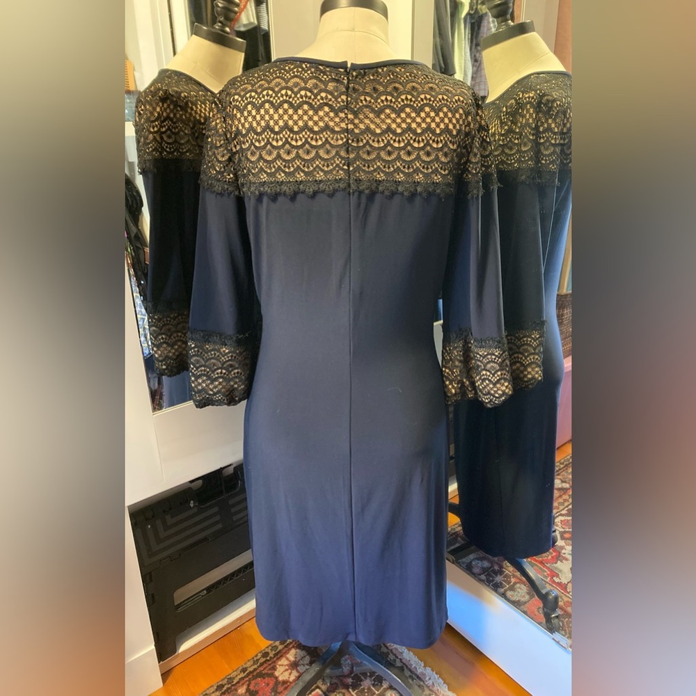 Lauren by Ralph Lauren Navy 3/4 Sleeve Ruched Midi Dress, Size 10 - Picture 5 of 15